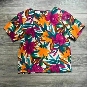 Vintage Tess 100% Silk Floral Short Sleeve Pink Orange Green Blouse Size M